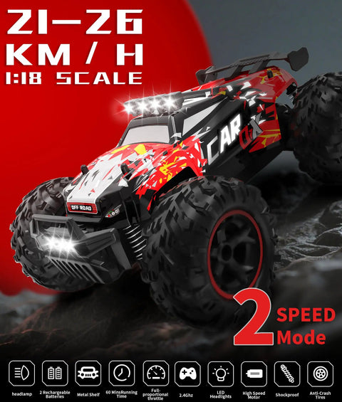 2.4GHz Remote Control Off Road Monster Truck 1 18 Scale With LED Lights Proportional Throttle 26 KMH Speed Dual 900mAh Batteries Rechargeable Pack Rad Gift For Boys 6 Plus in action with bright headlights and rugged tires on rocky terrain.