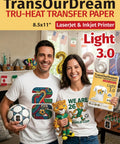 Two people holding a package of Light Fabric Printable Heat Transfer Paper for Inkjet and Laser Printers in a festive room.