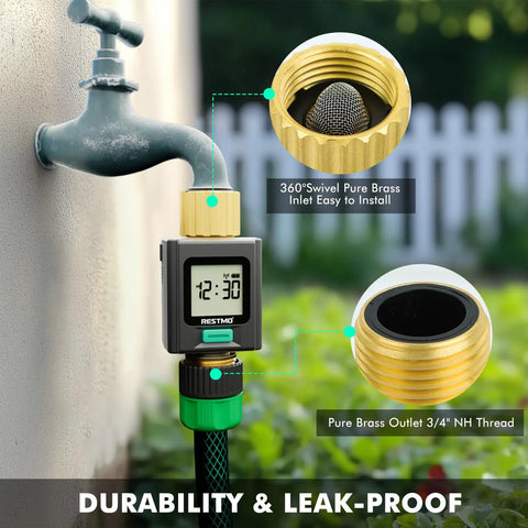 Smart Water Flow Meter With Backlit Screen And Brass Inlet And Outlet installed on outdoor faucet with hose, showing app control capability.