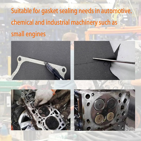 DVBB gasket material sheet, 15 x 11.8 in, non-asbestos for DIY seals; collage shows flat gasket, cutting, and engine use.