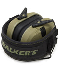 Razor Slim Patriot Series Ear Muffs with ultra low profile, olive drab green, folded position, ergonomic design for outdoor use.