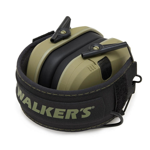Razor Slim Patriot Series Ear Muffs with ultra low profile, olive drab green, folded position, ergonomic design for outdoor use.