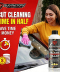 Woman using Hard Water Spot Remover For Glass Spotless X2 No Scrubbing Easy On Shower Doors Car Windows and Windshields Professional Strength 16 Ounce Removes Years Of Mineral Deposits Lime Scale Stains And Leaves Glass Sparkling Clean on car windshield