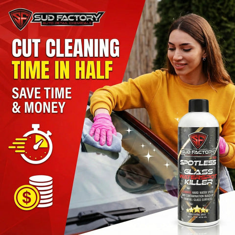 Woman using Hard Water Spot Remover For Glass Spotless X2 No Scrubbing Easy On Shower Doors Car Windows and Windshields Professional Strength 16 Ounce Removes Years Of Mineral Deposits Lime Scale Stains And Leaves Glass Sparkling Clean on car windshield