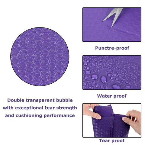 10x13 Inch Bubble Mailers Self Sealing Padded Envelopes Waterproof Tear Resistant Purple, showing puncture, water, and tear resistance.