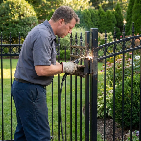 Man welding 16 Piece Beefy Weld On Hinges Set Heavy Duty 3 Inch Steel Butt Hinges to a garden gate