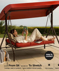 Three Seat Patio Swing With Canopy For Backyard Or Porch Convertible Glider Bed in Burgundy with woman lounging on it