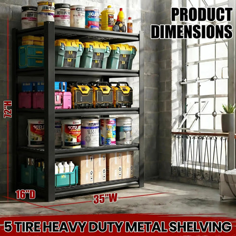 72 Inch Heavy Duty Garage Shelving Unit With Five Adjustable Tiers And 400 Lb Per Shelf Capacity, Built Tough Industrial Steel Storage Racks For Garage, Workshop, Basement, Warehouse, Or Kitchen, 16 Inch Deep By 35 Inch Wide By 72 Inch High, Black; 5-tier black steel rack