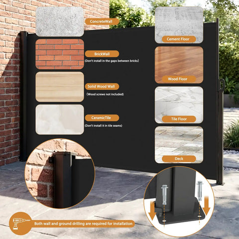 Side Awning 118 By 71 Inches Retractable Privacy Screen installation guide for different wall and floor types with close-ups.