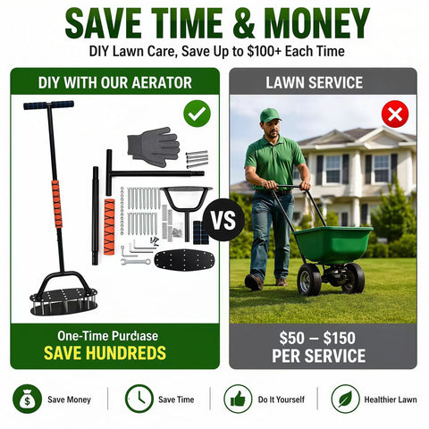 Comparison of manual lawn aerator with 17 spikes and professional lawn service for thick grassy lawns