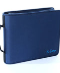 Blue carrying binder of durable portable DVD CD Blu Ray storage case with extra wide title cover pages, side view.