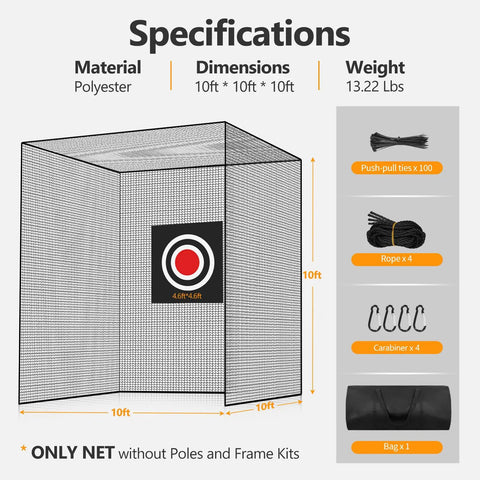 Golf Practice Net Without Frame 10x10x10ft Durable Polyester Netting With 4 Carabiners And 4 Tie Ropes Easy Setup Specifications