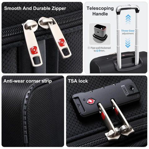 Underseat Carry On Luggage That Slaps A Lightweight 16 Inch Rolling Tote with TSA lock, telescoping handle, and durable zipper in black