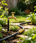 Outdoor use of Beefed Up Three Quarter Inch Garden Hose Adapter Set with connectors and hose attached to a garden tap