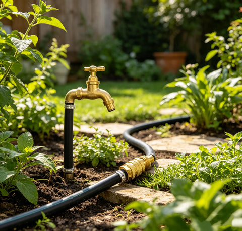 Outdoor use of Beefed Up Three Quarter Inch Garden Hose Adapter Set with connectors and hose attached to a garden tap
