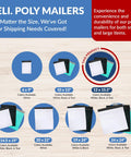 Various sizes and colors of poly mailers displayed, highlighting White Poly Mailers 14.5x19 Inches Self Sealing Non Padded Shipping Bags Bulk 500 Pack For Clothing Durable Water Resistant And Tear Resistant Courier Envelopes Ideal For Ecommerce And Dropshipping.