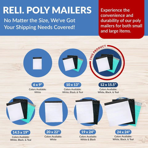 Various sizes and colors of poly mailers displayed, highlighting White Poly Mailers 14.5x19 Inches Self Sealing Non Padded Shipping Bags Bulk 500 Pack For Clothing Durable Water Resistant And Tear Resistant Courier Envelopes Ideal For Ecommerce And Dropshipping.