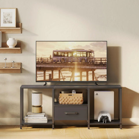 Slick Industrial TV Stand With Fabric Drawer For Fifty Five Inch TV Sweet Entertainment Center displaying a TV, storage, and gaming console.