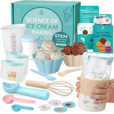 Kids Ice Cream Science Kit For Real Homemade Ice Cream With Reusable Tools And Visual Recipes, kit contents displayed.