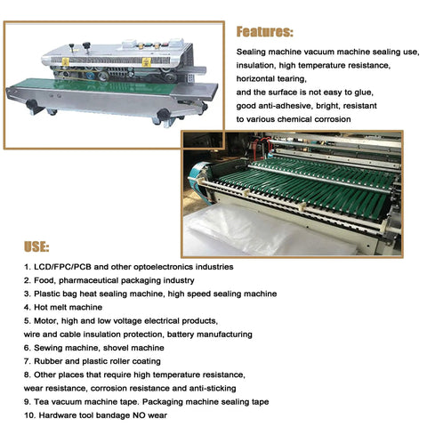 Image of a sealing machine with a conveyor belt, showcasing features and uses for packaging in various industries.