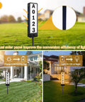 Solar Powered Address Sign For Yard With Vertical LED House Numbers IP65 Waterproof Outdoor Plaque Illuminated Two Sided Light For Night Visibility On Driveway Home And Street showing dual solar panels in yard installation