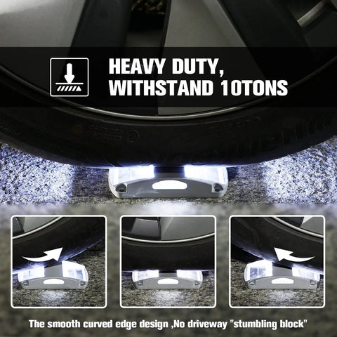 Heavy-duty solar powered LED driveway light under car tire, demonstrating durability with white glow, withstands 10 tons.