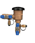 3/4 Inch Pressure Vacuum Breaker Assembly Built Like A Truck For No Fuss Backsiphonage Protection With Corrosion Resistant Housing Easy Setup Commercial Gear And Winter Ready Performance, cast bronze with blue handles.