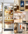 Crisp 55 Inch 4K Floor Standing Digital Signage Screen displaying menu items in a restaurant and fashion advertisements in stores.