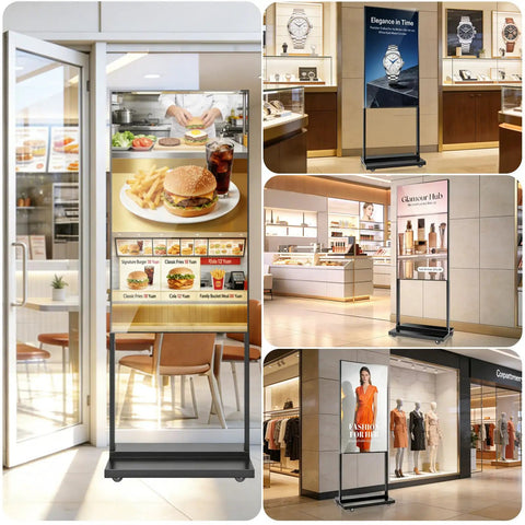 Crisp 55 Inch 4K Floor Standing Digital Signage Screen displaying menu items in a restaurant and fashion advertisements in stores.
