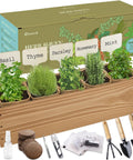 Indoor Herb Garden Starter Kit With Wooden Box Planter Includes Basil Parsley Rosemary Thyme Mint Seeds Plus Coconut Soil Discs Five Burlap Bags Five Plant Markers Three Gardening Tools Pruning Scissors And Spray Bottle A Perfect Gift For Mom