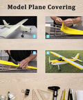 Model plane covering guide: four-step images show a yellow-wing model airplane being covered and finished.