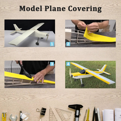 Model plane covering guide: four-step images show a yellow-wing model airplane being covered and finished.