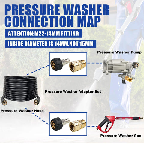 Hourleey pressure washer quick-connect fittings set with M22-14mm to 3/8 in adapters, 2 pieces, with hose and spray gun