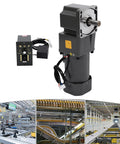 Electric gear motor with 90° right-angle output shaft, 110V, 200W, 36 Nm torque, governor and speed controller, front view
