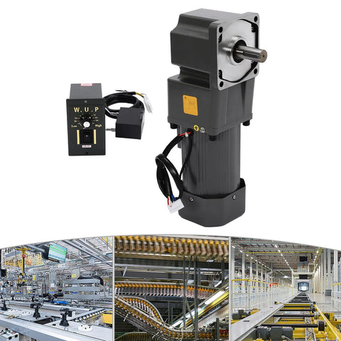 Electric gear motor with 90° right-angle output shaft, 110V, 200W, 36 Nm torque, governor and speed controller, front view