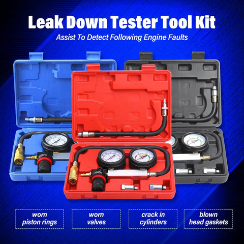 Front view of Gnhydxfe TU-21 engine cylinder leak-down tester kit with blue, red, and gray cases and gauges