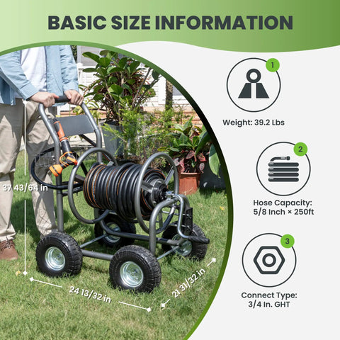 Heavy Duty Garden Hose Reel Cart With Wheels For Outdoor Use 250 Feet Of Five Eighth Inch Hose Capacity Weather Resistant