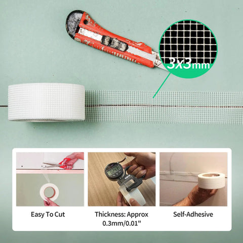 Fiberglass Mesh Drywall Tape For Quick Crack Repair Self Adhesive 1.97 Inch By 150 Foot roll with utility knife and measurements