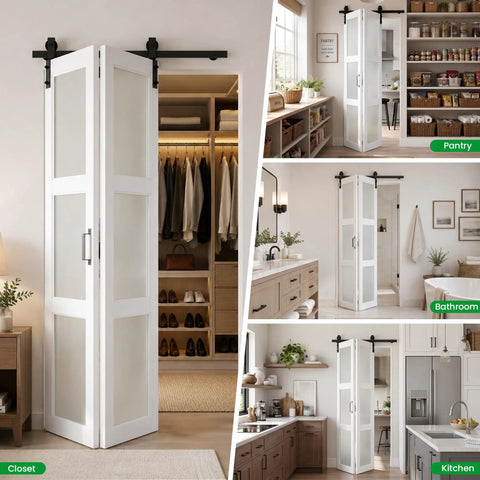 Slick Glide Double Bifold Barn Door With Complete Hardware Kit Eases Through Tight Squeezes As Interior Room Divider in closet and kitchen.