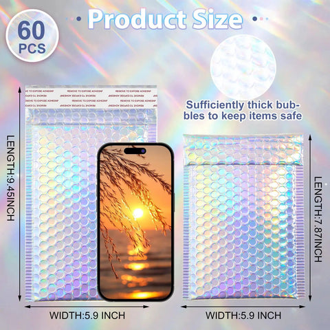 Dope Rainbow Holographic Bubble Mailers Self Seal Waterproof Envelopes 6 by 9.5 Inch Usable, 60 Pack with phone for scale