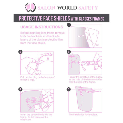 Instructions for using Pink Glasses Frames Safety Face Shields Case Of 200 Ultra Clear Full Face Protection Anti Fog PET Plastic Goggles