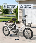 20 Inch Fat Tire Electric Tricycle For Adults With Folding 3 Wheels, 750W Peak Motor, 15.5 MPH, 95 Percent Pre Assembled, Easy Setup With Bracket, Durable Battery, Smooth Ride, All Terrain E Trike For Fun And Commute. White adult electric tricycle with front basket and rear cargo rack