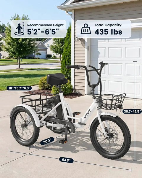 20 Inch Fat Tire Electric Tricycle For Adults With Folding 3 Wheels, 750W Peak Motor, 15.5 MPH, 95 Percent Pre Assembled, Easy Setup With Bracket, Durable Battery, Smooth Ride, All Terrain E Trike For Fun And Commute. White adult electric tricycle with front basket and rear cargo rack