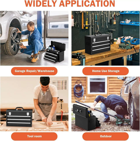 Beefy Heavy Duty 3 Drawer Metal Toolbox With Top Storage Tray And Carrying Handle Portable Steel Tool Chest in use