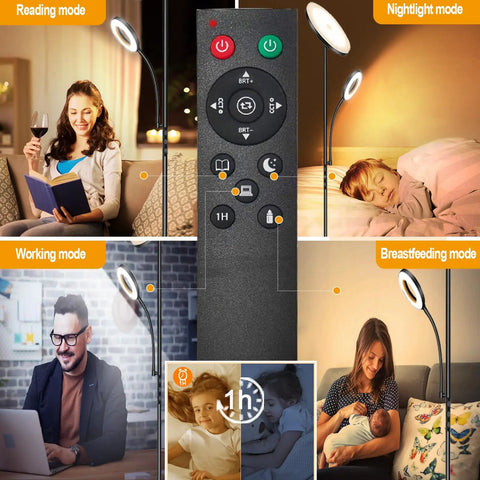 Upgraded 42W 4000LM LED Floor Lamp With Remote And Touch Dimming displayed in various lighting modes for living room and bedroom.