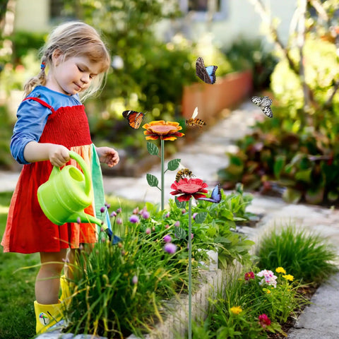 Child watering garden with Two Pack Metal Bee Watering Station With Flower Design And Colorful Butterfly Bath Outdoor Garden Yard Patio Decor