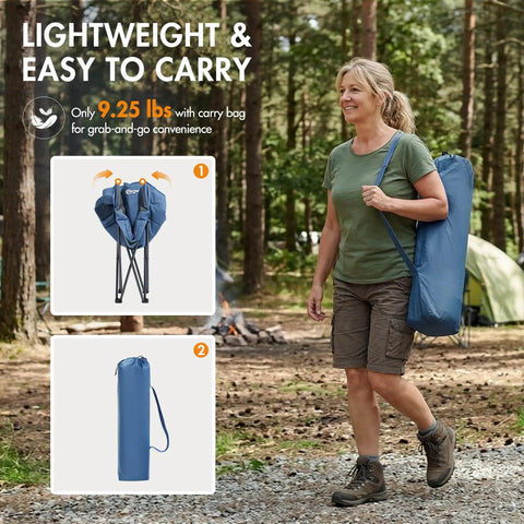 Woman carrying Heavy Duty Portable Camping Chair with 350 lb capacity in blue bag, shown folded and ready for transport, for fishing and camping.