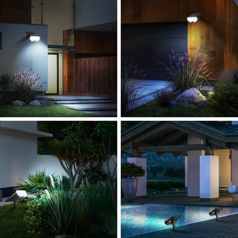 Outdoor Solar Spotlight 16 LEDs IP67 Waterproof Auto On Off Dusk To Dawn 650 Lumen Cool White Beam illuminating garden paths.