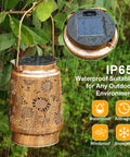 Solar Lanterns Outdoor Hanging Lights Waterproof For Yard Patio Porch Garden LED Decoration With Shepherd Hook Sunflower Pattern Cozy Warm Glow For Nighttime Ambiance Perfect Gift For Women Mom Grandma, bronze lantern with sunflower design in rain