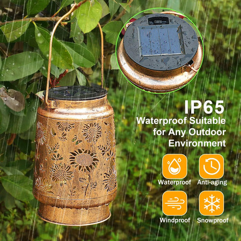 Solar Lanterns Outdoor Hanging Lights Waterproof For Yard Patio Porch Garden LED Decoration With Shepherd Hook Sunflower Pattern Cozy Warm Glow For Nighttime Ambiance Perfect Gift For Women Mom Grandma, bronze lantern with sunflower design in rain